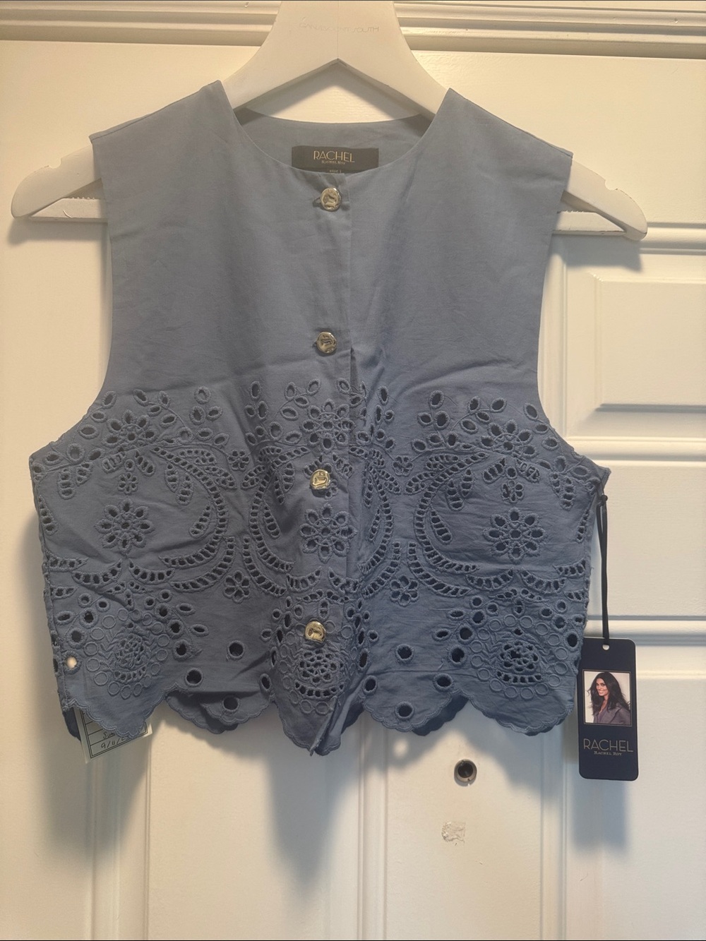 Rachel Light Blue Eyelet Embroidered Crop Button-Front Top
